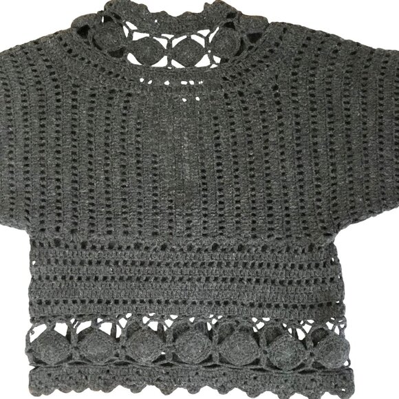 ANTHROPOLOGIE Women Gray Crochet Angora Sweater V-Neck Orenburg Knit Boho XS - Picture 6 of 10